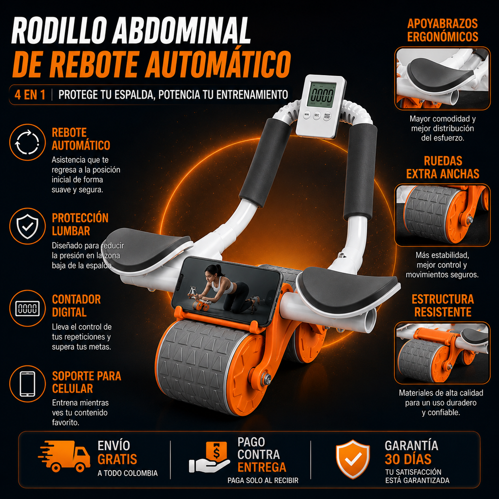 Rodillo Abdominal Pro 4 en 1 con Rebote Automático y Contador Digital