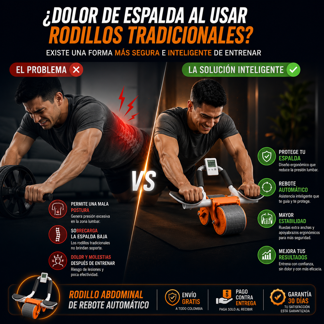 Rodillo Abdominal Pro 4 en 1 con Rebote Automático y Contador Digital